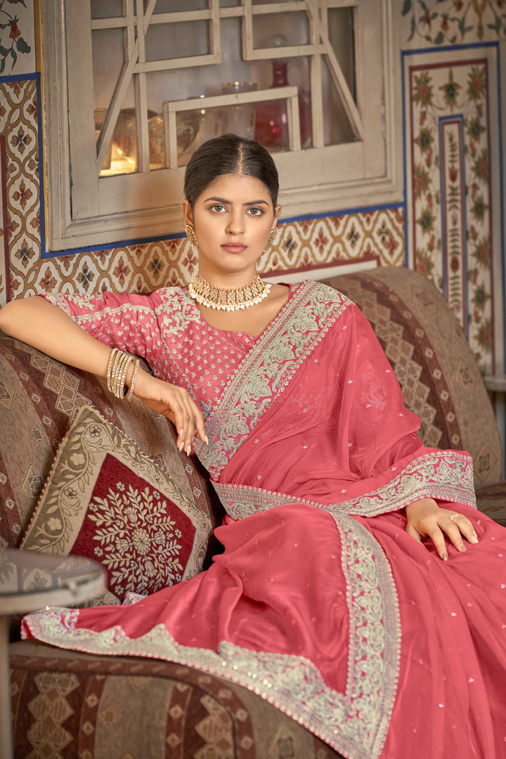 Coral Pink Saree with Embroidery & Embellishments | Indian Wedding Sari