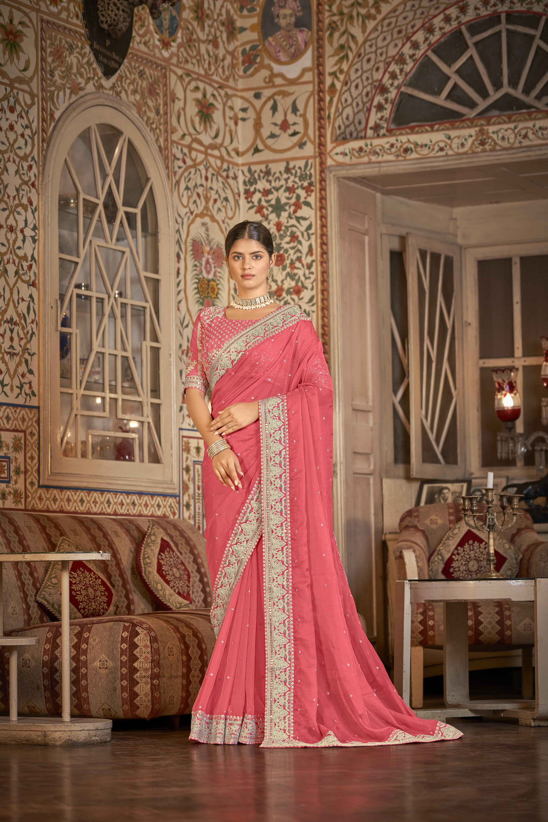 Coral Pink Saree with Embroidery & Embellishments | Indian Wedding Sari