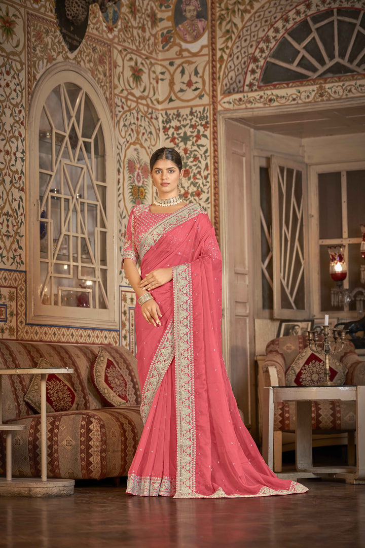 Coral Pink Saree with Embroidery & Embellishments | Indian Wedding Sari