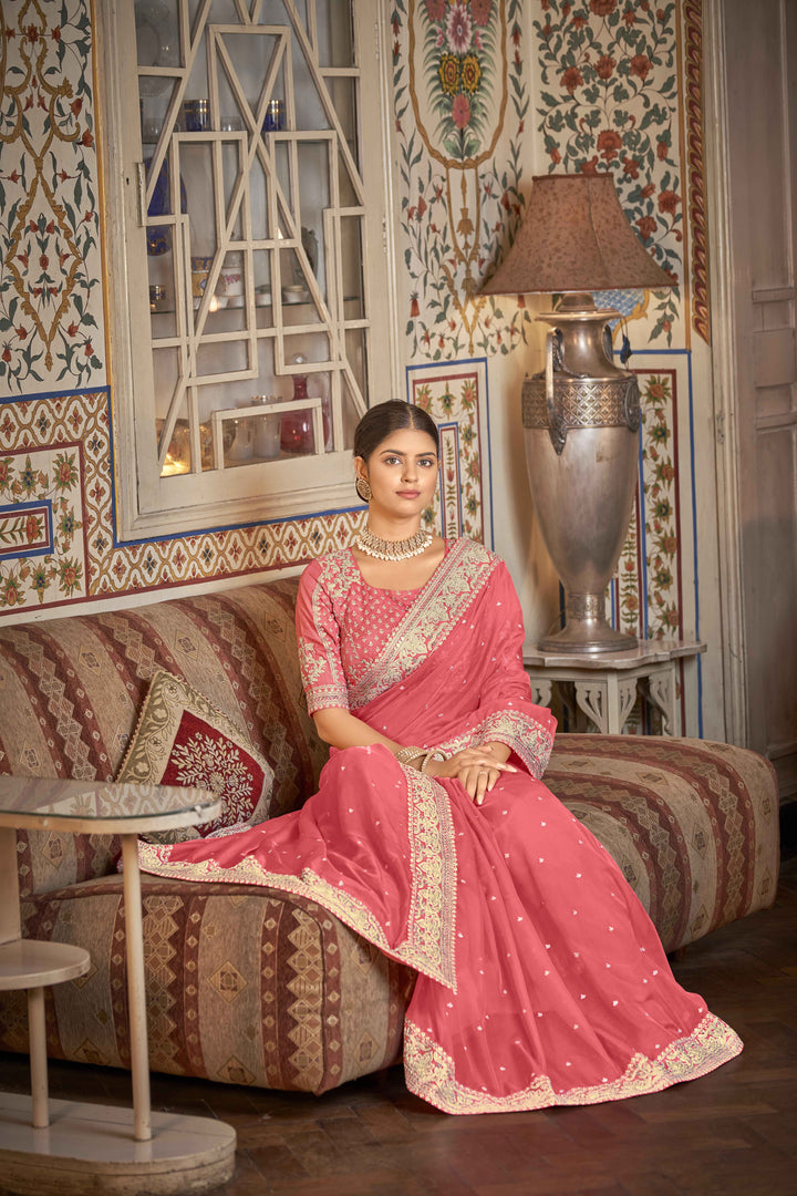 Coral Pink Saree with Embroidery & Embellishments | Indian Wedding Sari