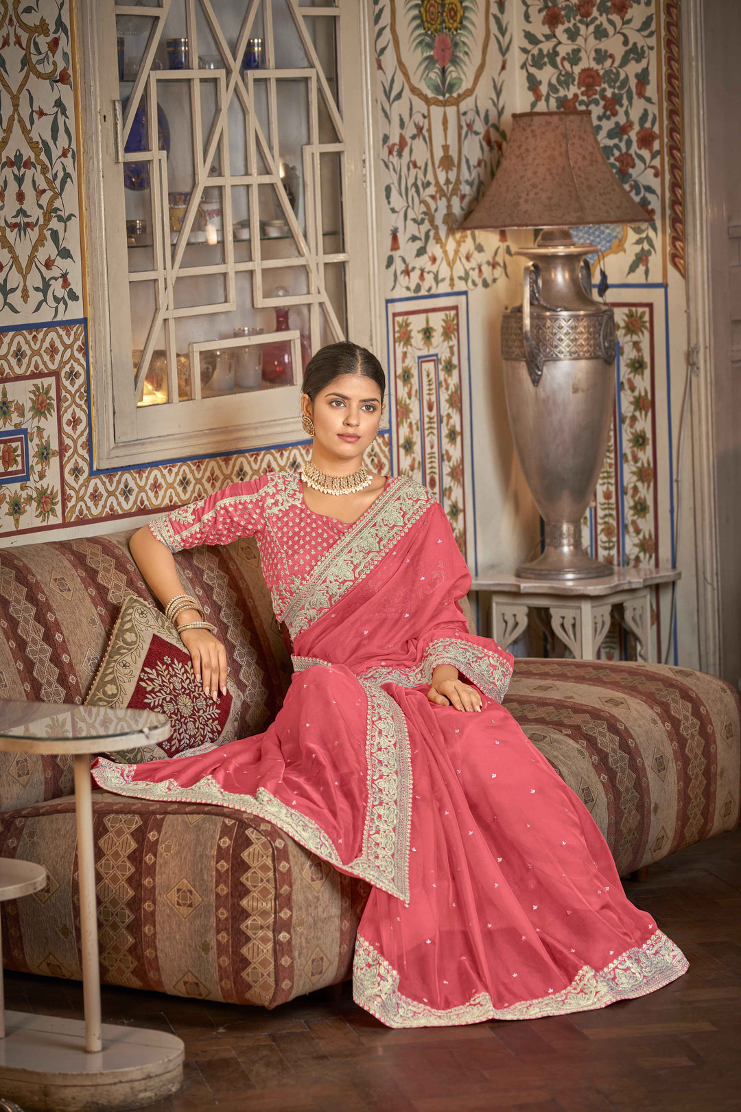 Coral Pink Saree with Embroidery & Embellishments | Indian Wedding Sari