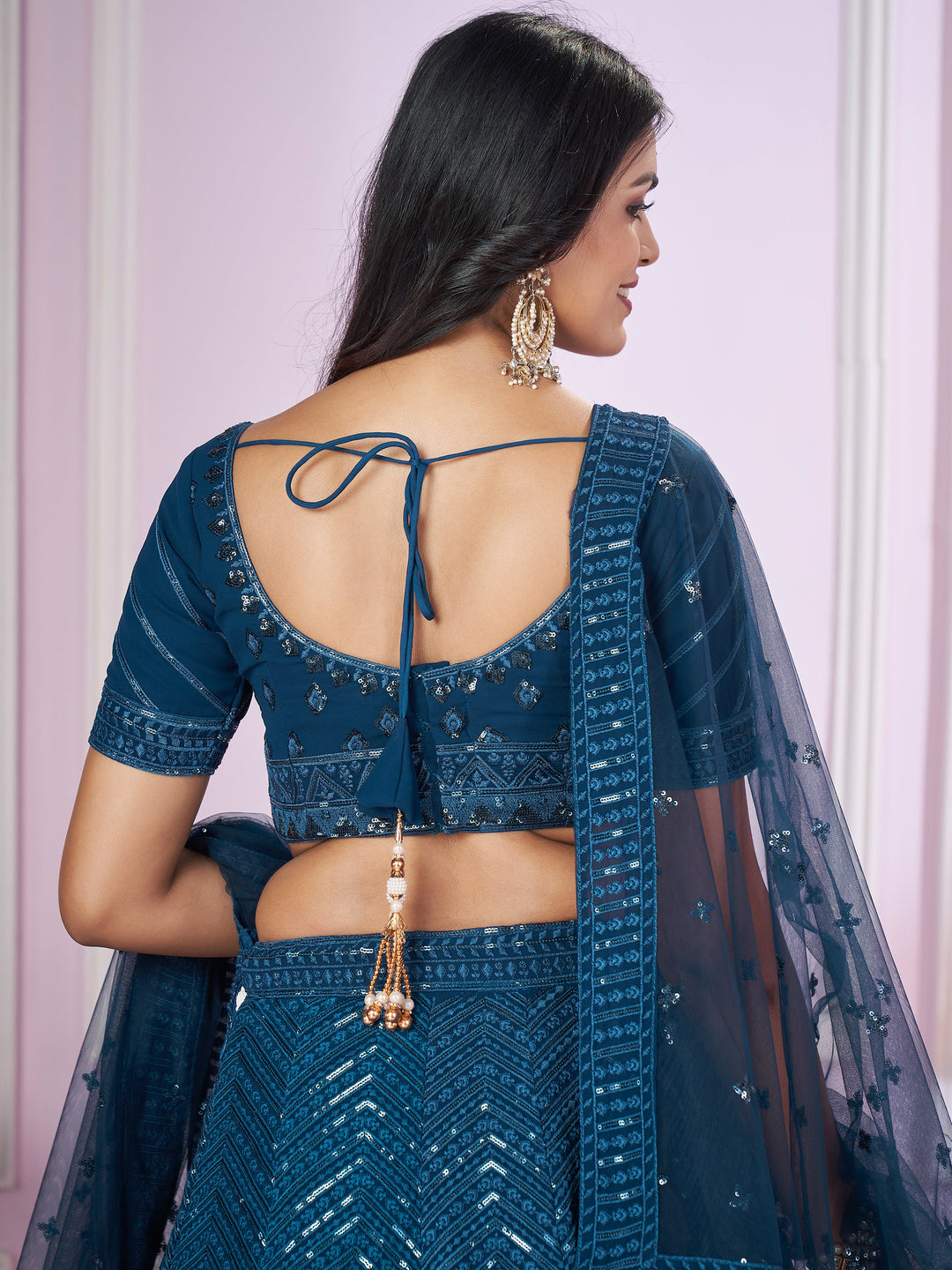 Dazzling Teal Blue Sequins Georgette Designer Lehenga Choli