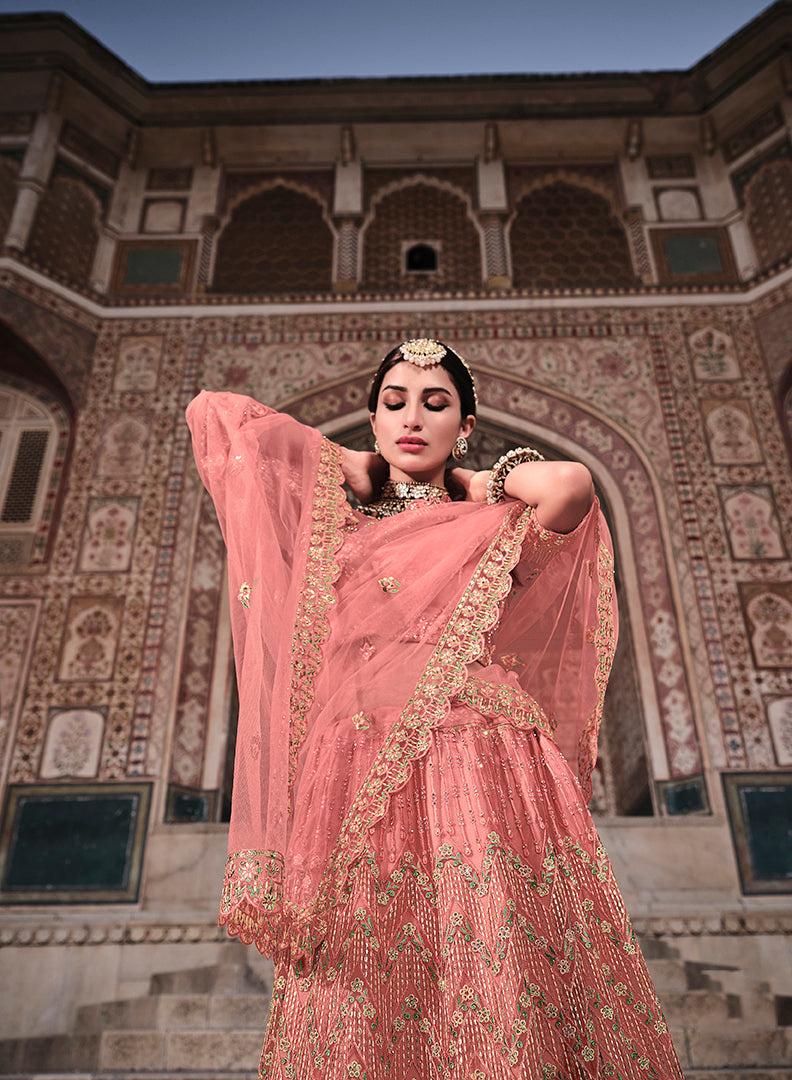 Peach Soft Net Zari & Resham Lehenga Choli | Wedding & Party Wear