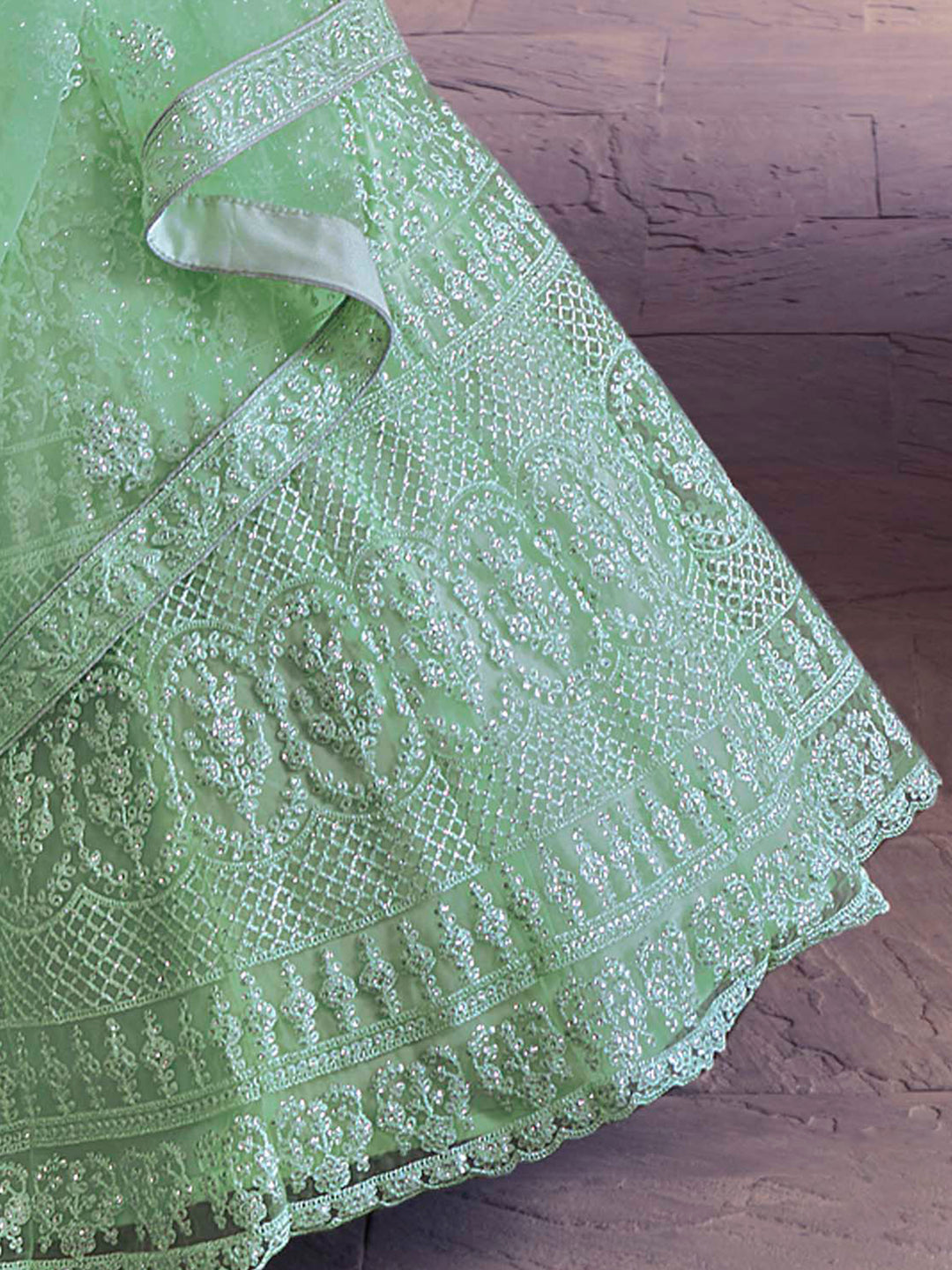 Soft Net Lehenga with Sequins and Dori Work | Semi-Stitched Pista Green Lehenga