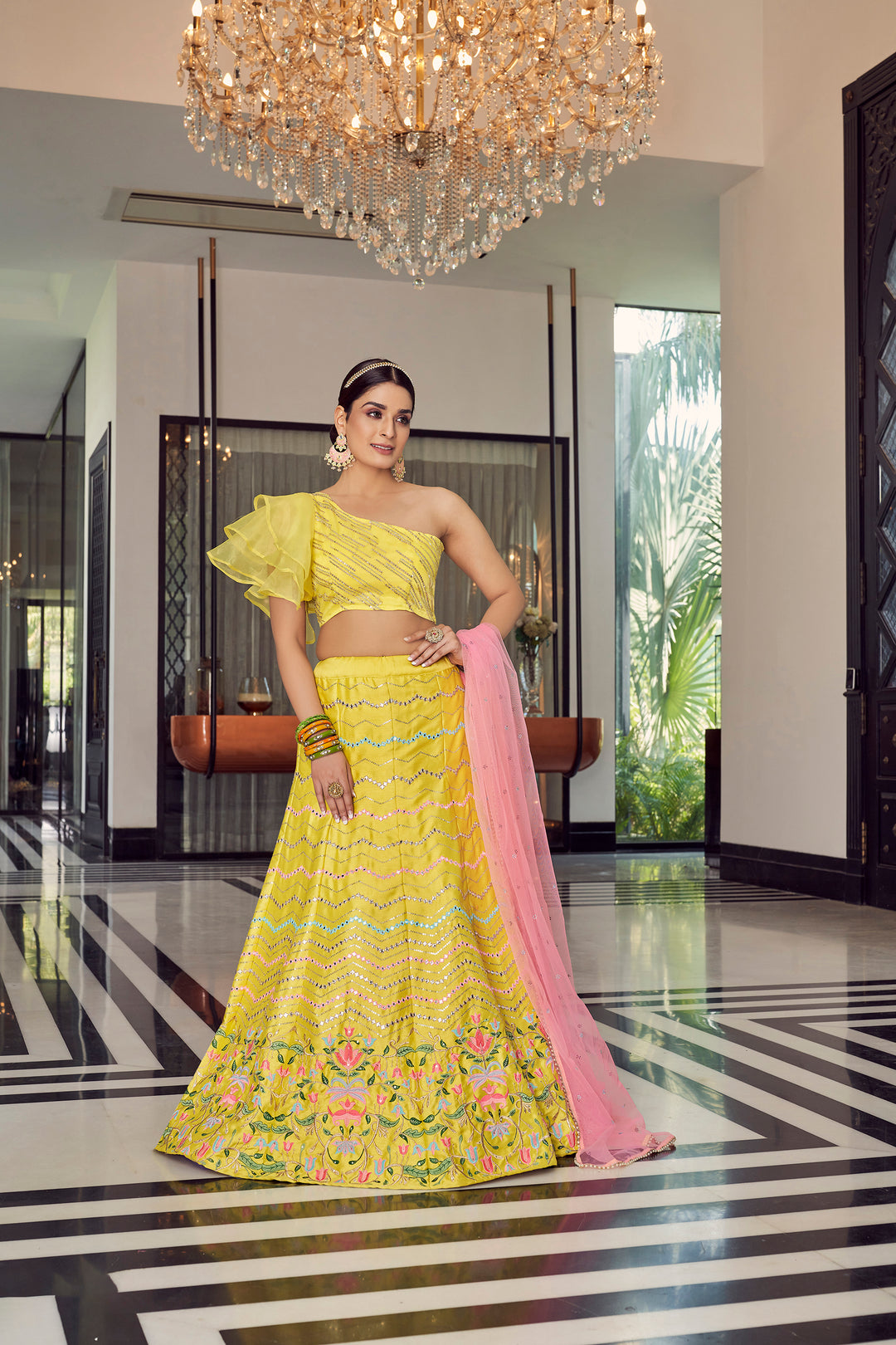 Bridal Yellow Lahega | Mirror, Thread & Foil Work in Soft Net