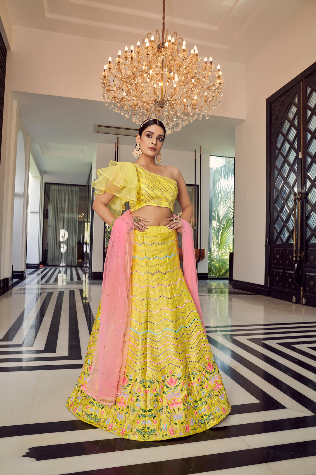 Bridal Yellow Lahega | Mirror, Thread & Foil Work in Soft Net