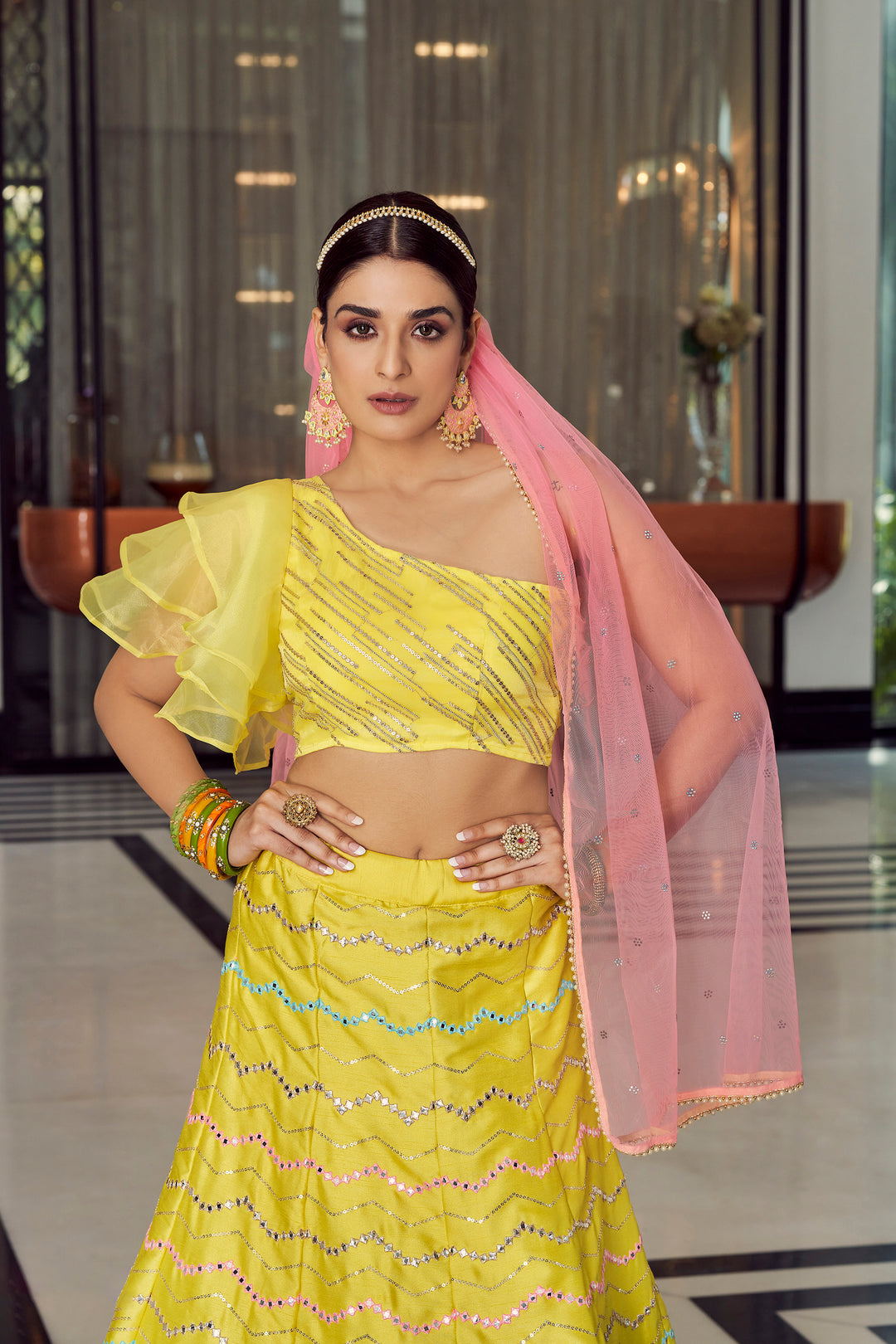 Bridal Yellow Lahega | Mirror, Thread & Foil Work in Soft Net