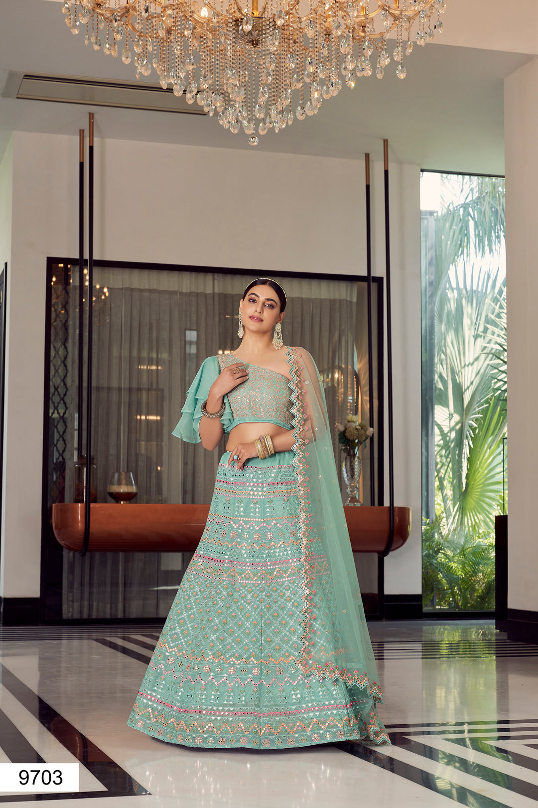 Turquoise Bridal Lehenga Choli | Organza Wedding Outfit