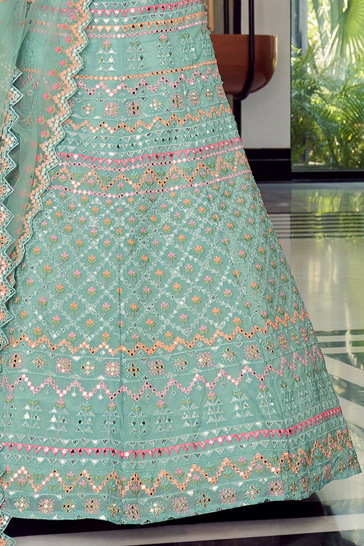 Turquoise Bridal Lehenga Choli | Organza Wedding Outfit