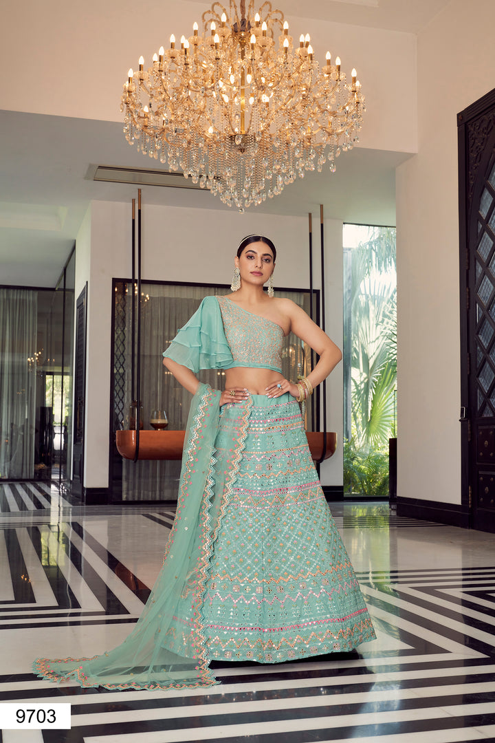 Turquoise Bridal Lehenga Choli | Organza Wedding Outfit