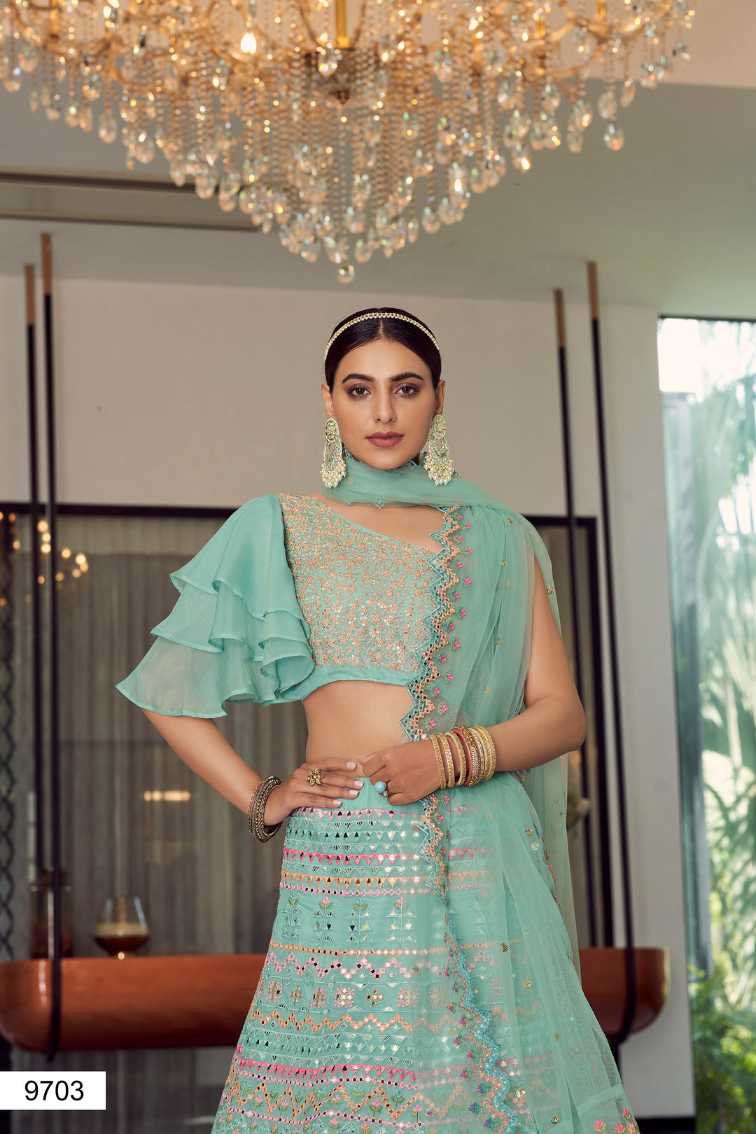 Turquoise Bridal Lehenga Choli | Organza Wedding Outfit