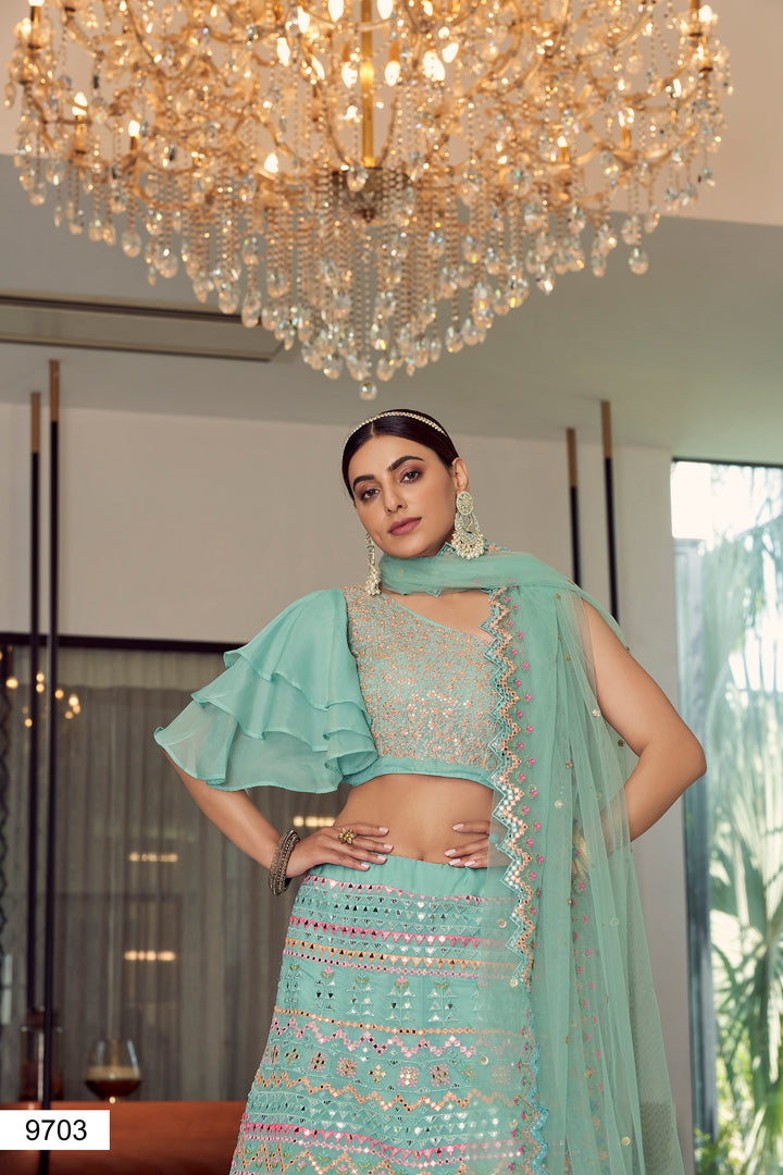 Turquoise Bridal Lehenga Choli | Organza Wedding Outfit