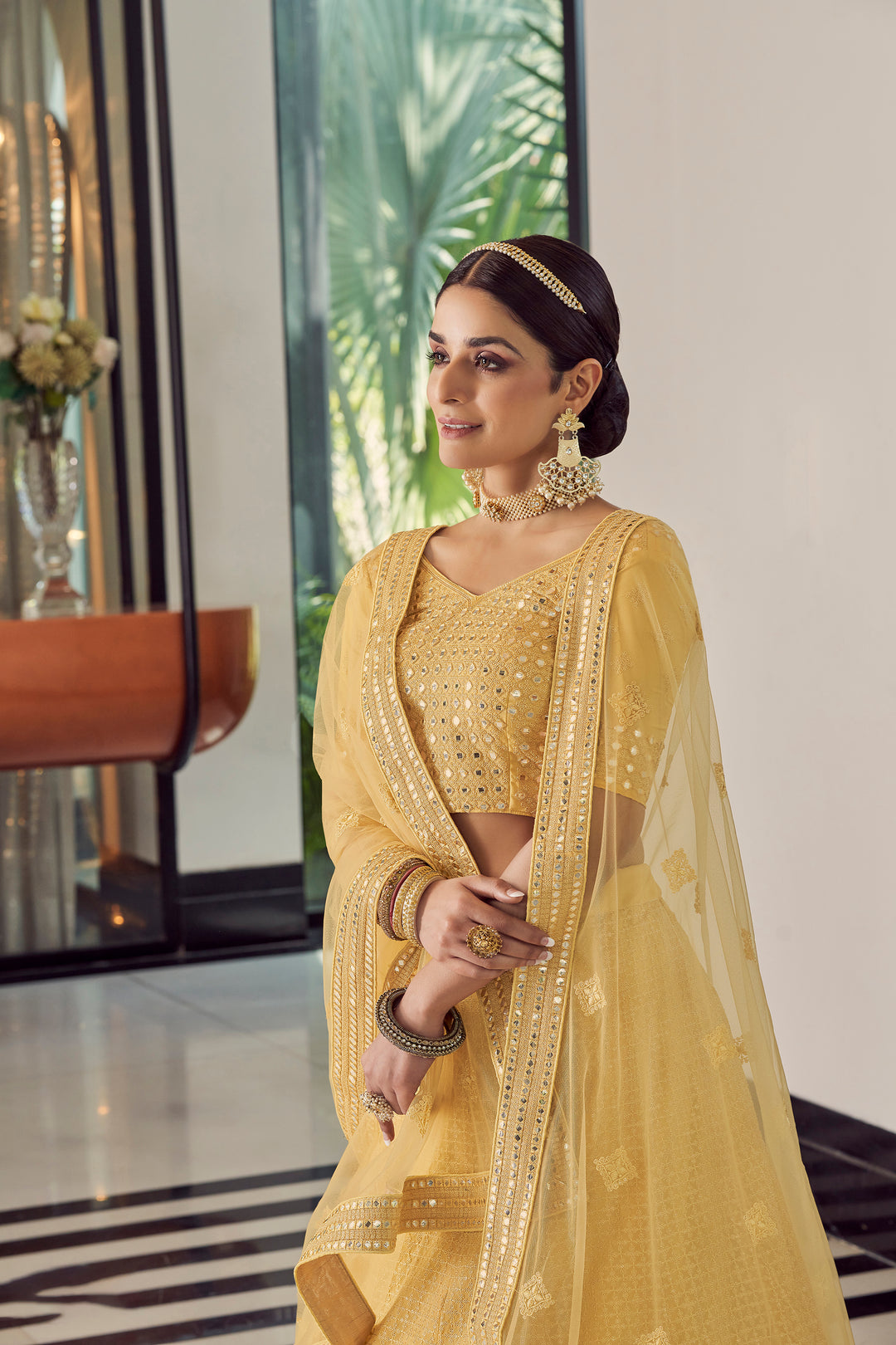 Bridal Yellow Lehenga | Sequins & Thread Work Indian Outfit