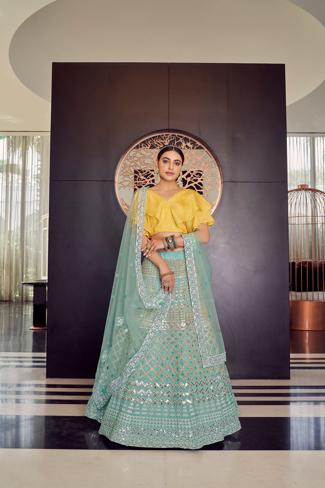 Turquoise Organza Bridal Lehenga | Party Wear Indian Lahega