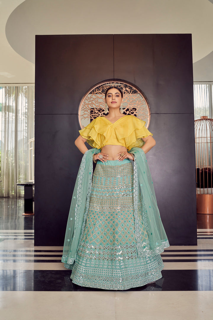 Turquoise Organza Bridal Lehenga | Party Wear Indian Lahega