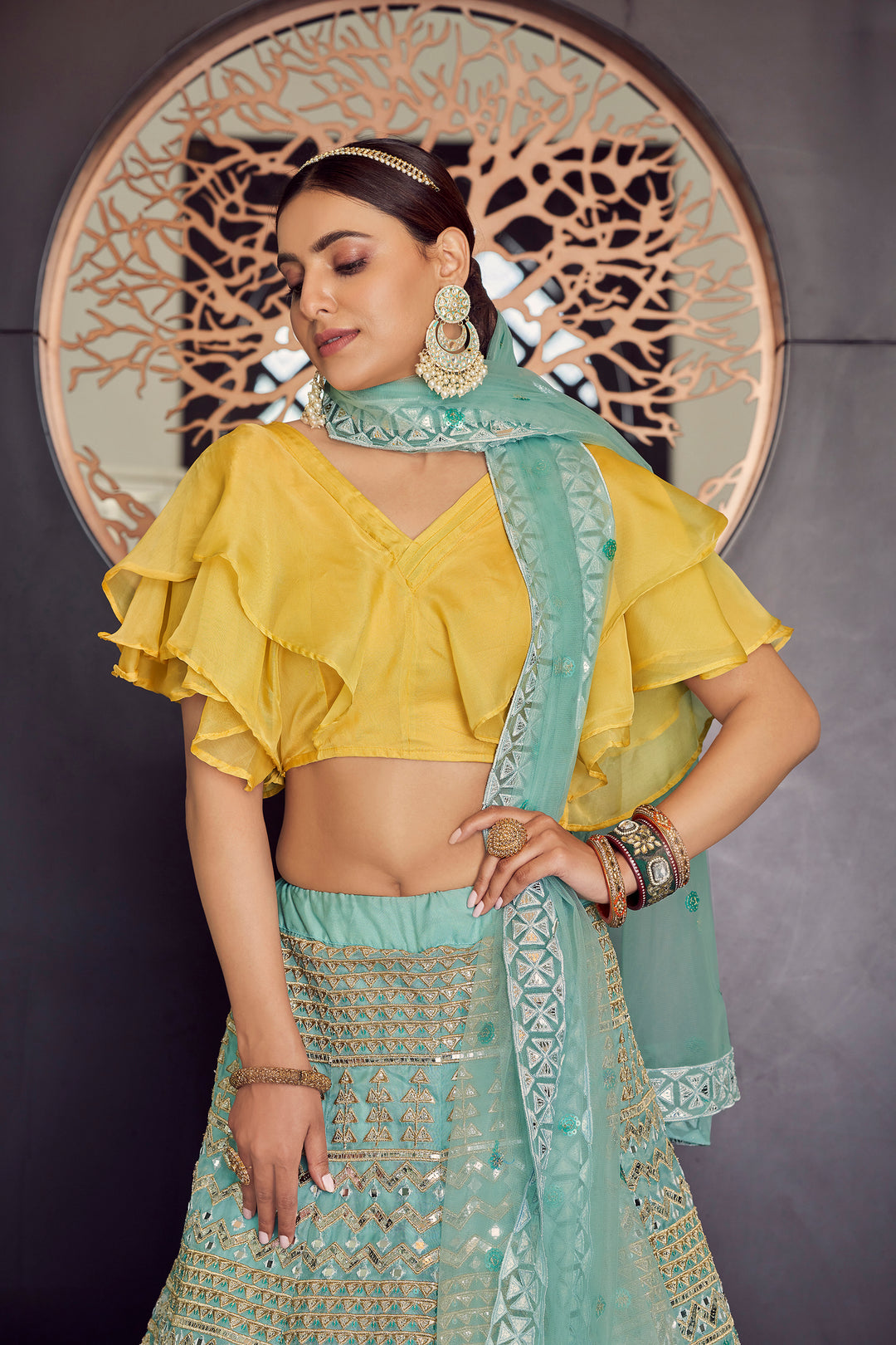 Turquoise Organza Bridal Lehenga | Party Wear Indian Lahega