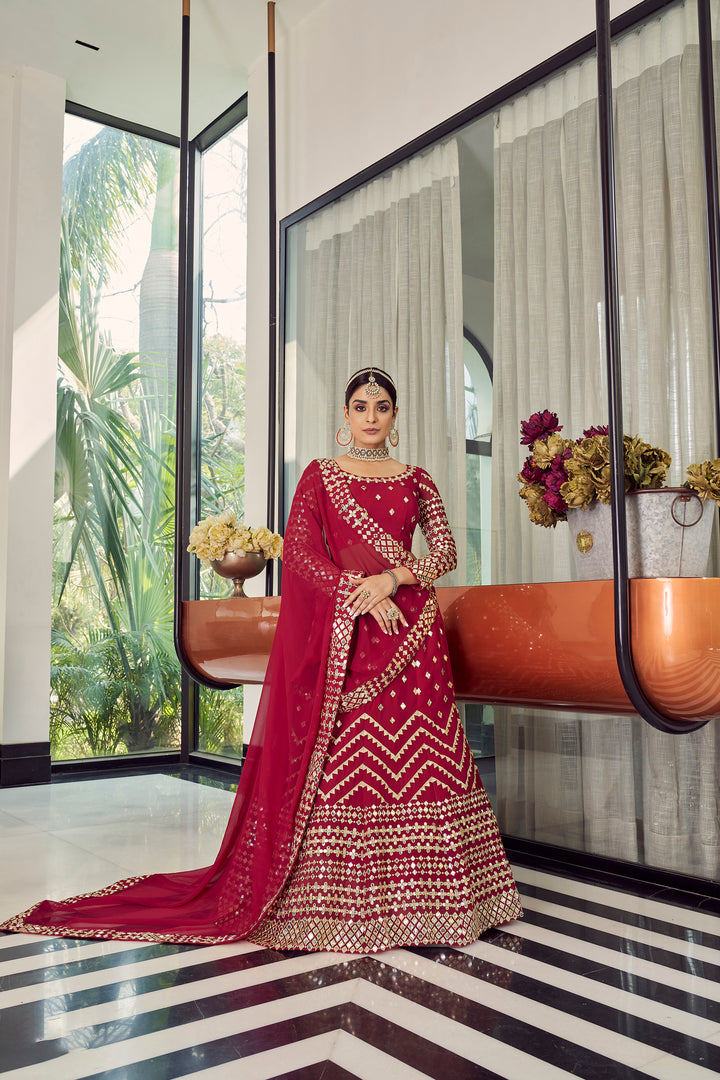 Coral Red Georgette Lehenga Choli | Party Wear Indian Outfit