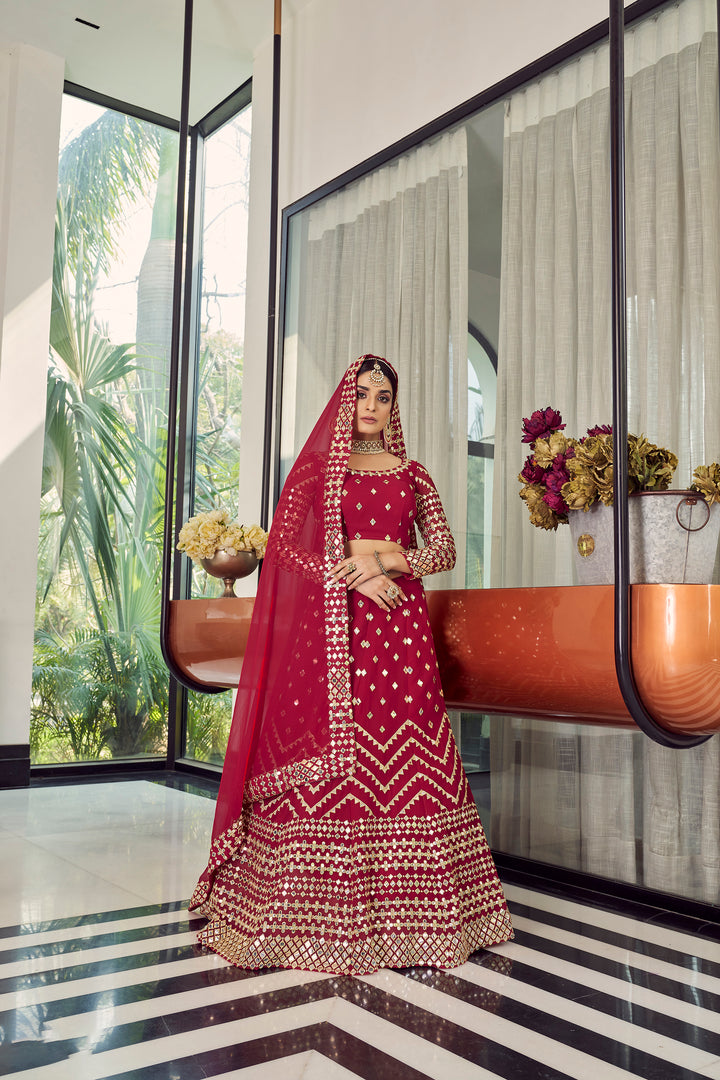 Coral Red Georgette Lehenga Choli | Party Wear Indian Outfit