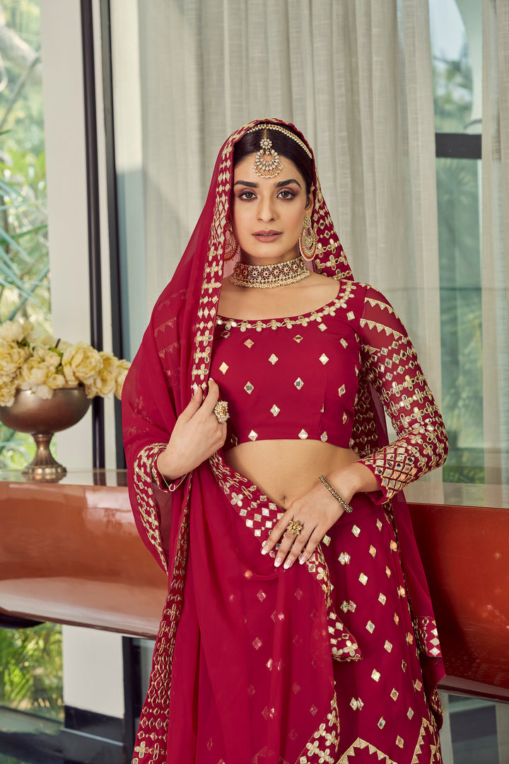 Coral Red Georgette Lehenga Choli | Party Wear Indian Outfit