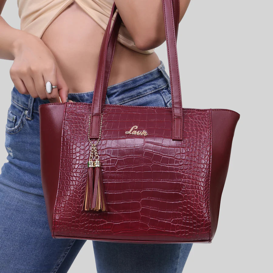 Lavie Glossy Dark Red Small Tote Bag | Elegant Women's Tassel Betty Handbag