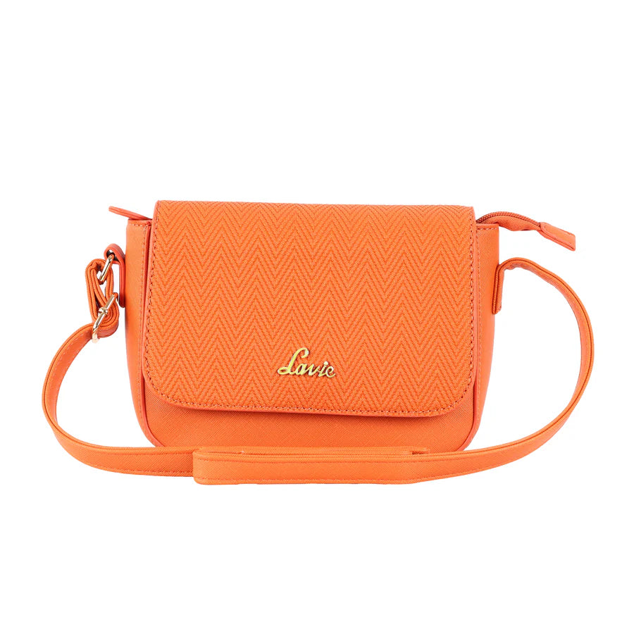 Lavie Emboss Flap Sling Bag for Women | Stylish Orange Medium Shoulder Bag