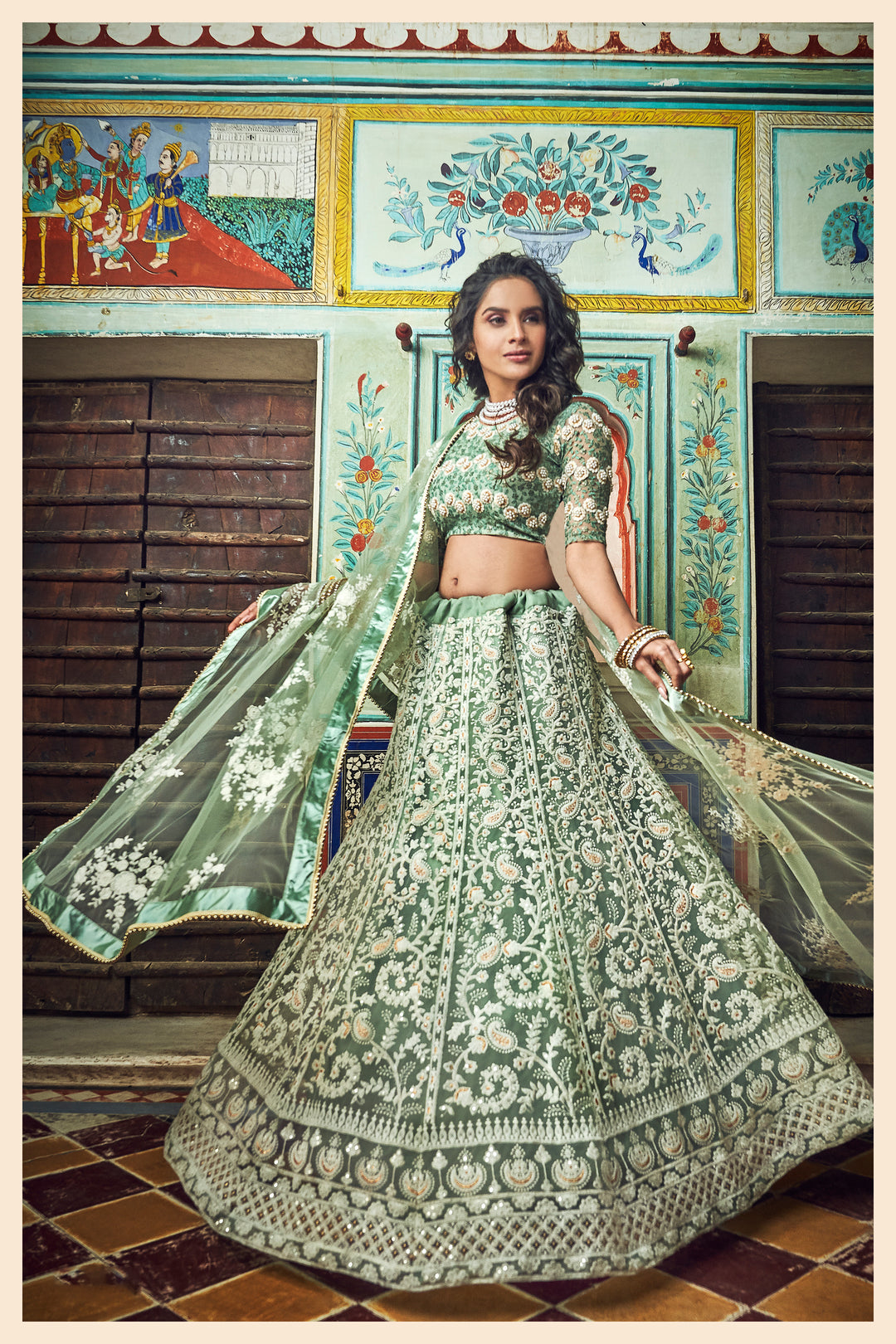 Mint Green Soft Net Lehenga Choli | Bridal Party Wear Outfit