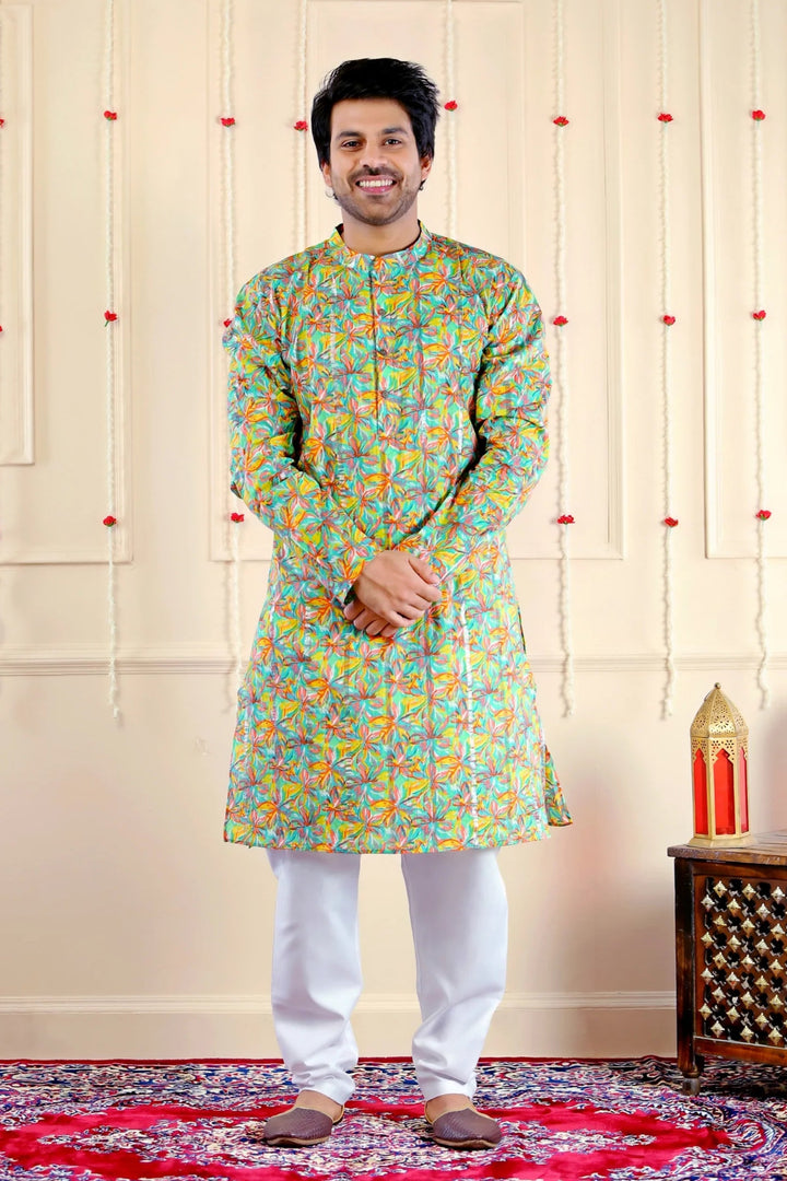 Soothing Green Multifloral Kurta Pyjama For Men