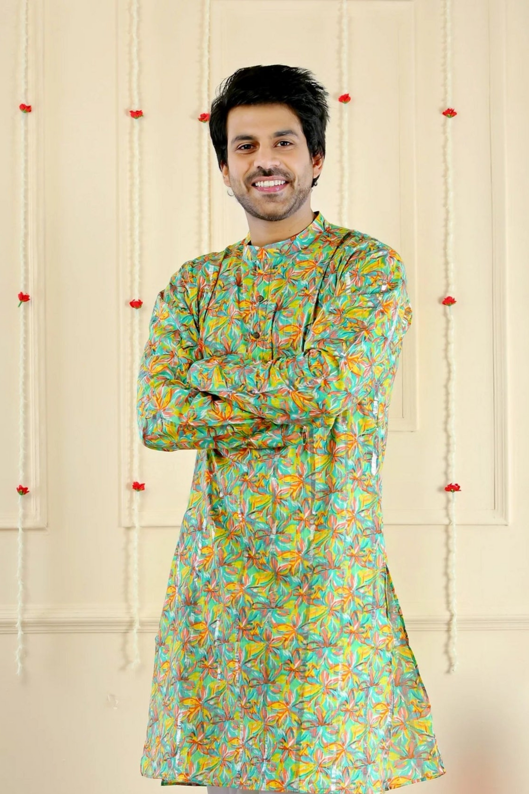 Soothing Green Multifloral Kurta Pyjama For Men