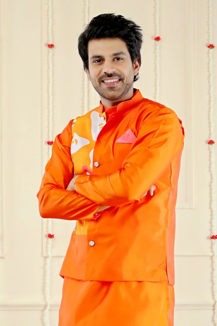 Stylish Orange and White Multifloral Matching Kurta Pyjama and Jacket for Men