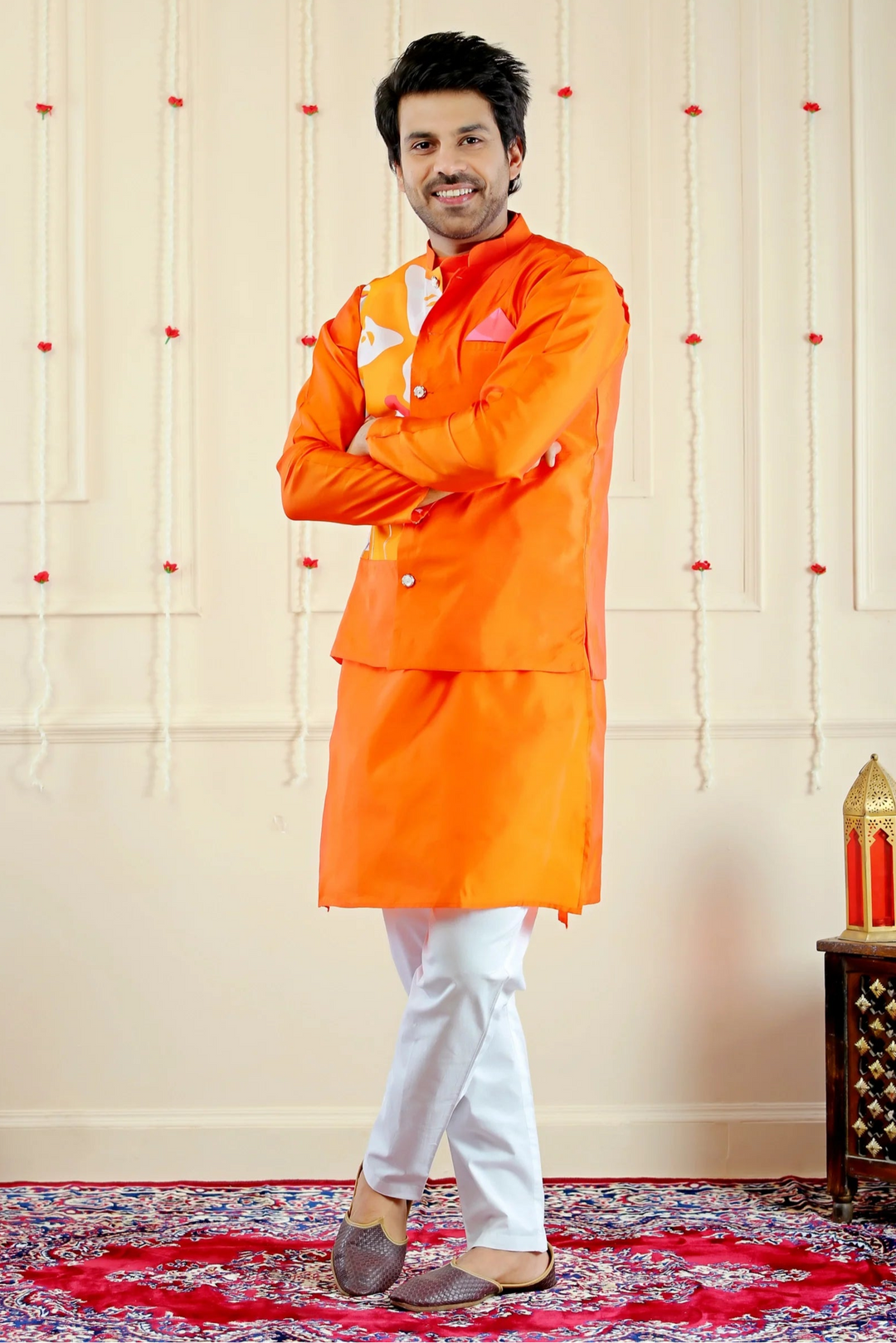 Stylish Orange and White Multifloral Matching Kurta Pyjama and Jacket for Men