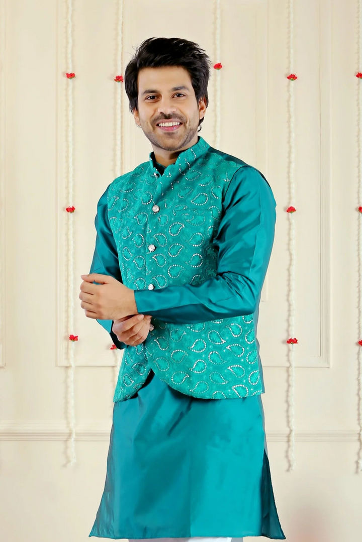 Blue Sequins Jacket with Matching Kurta Pyjama For Men