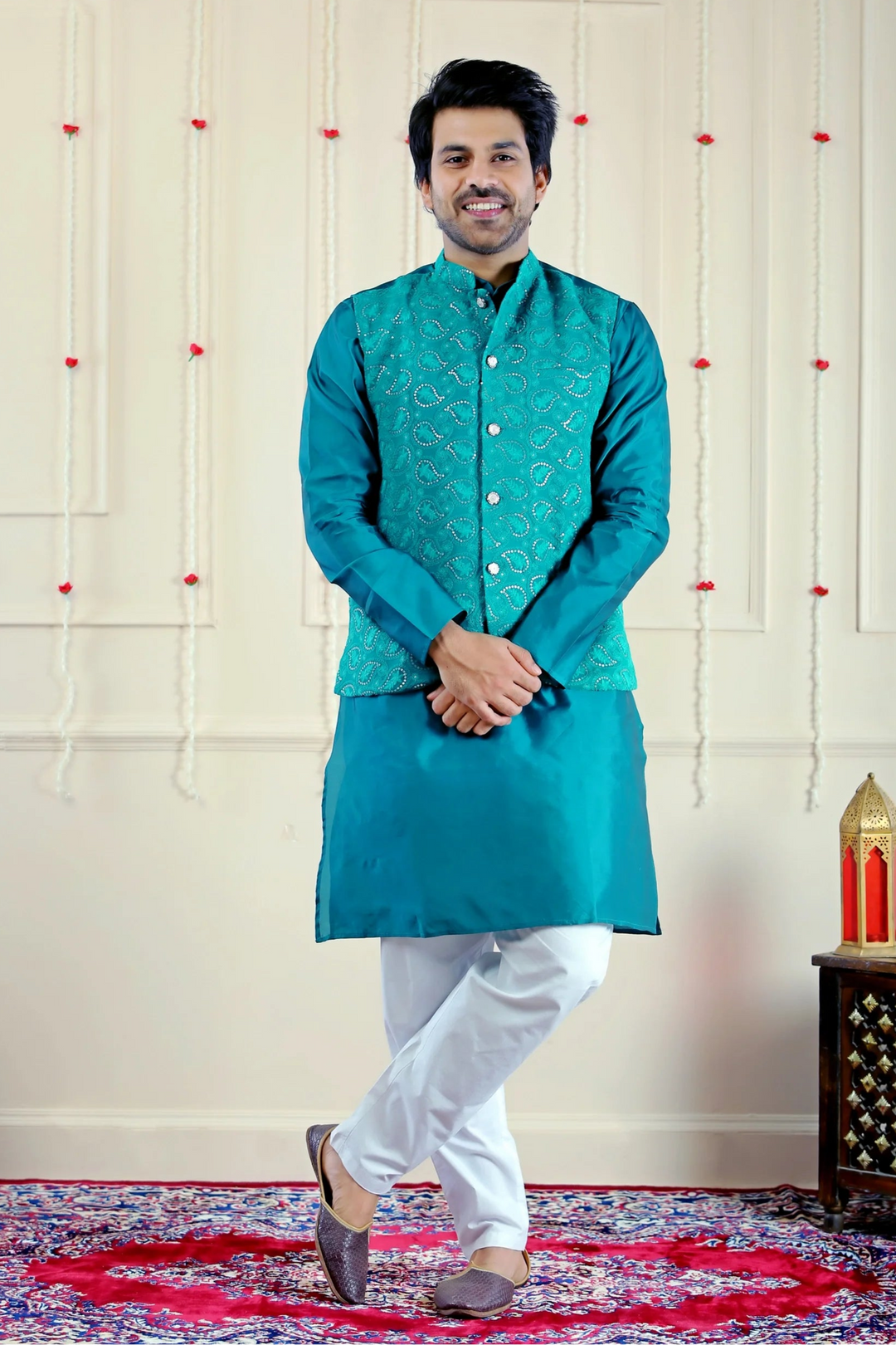 Blue Sequins Jacket with Matching Kurta Pyjama For Men