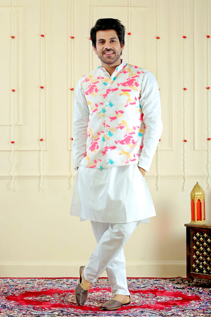 Shining White Kurta Pyjama  with MultiFloral Jacket For Men