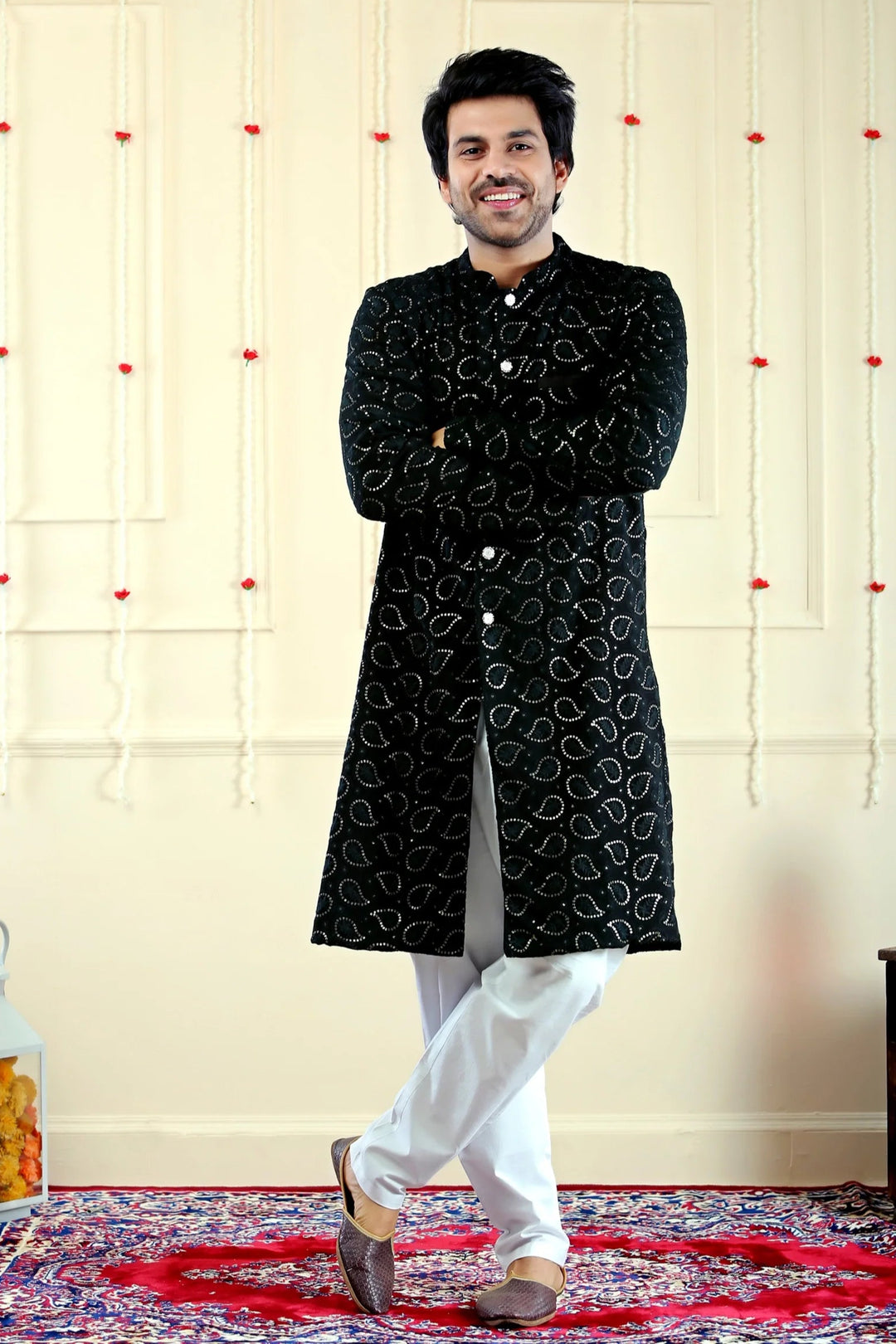 Men’s Traditional Black Sequins Kurta and White Pajama