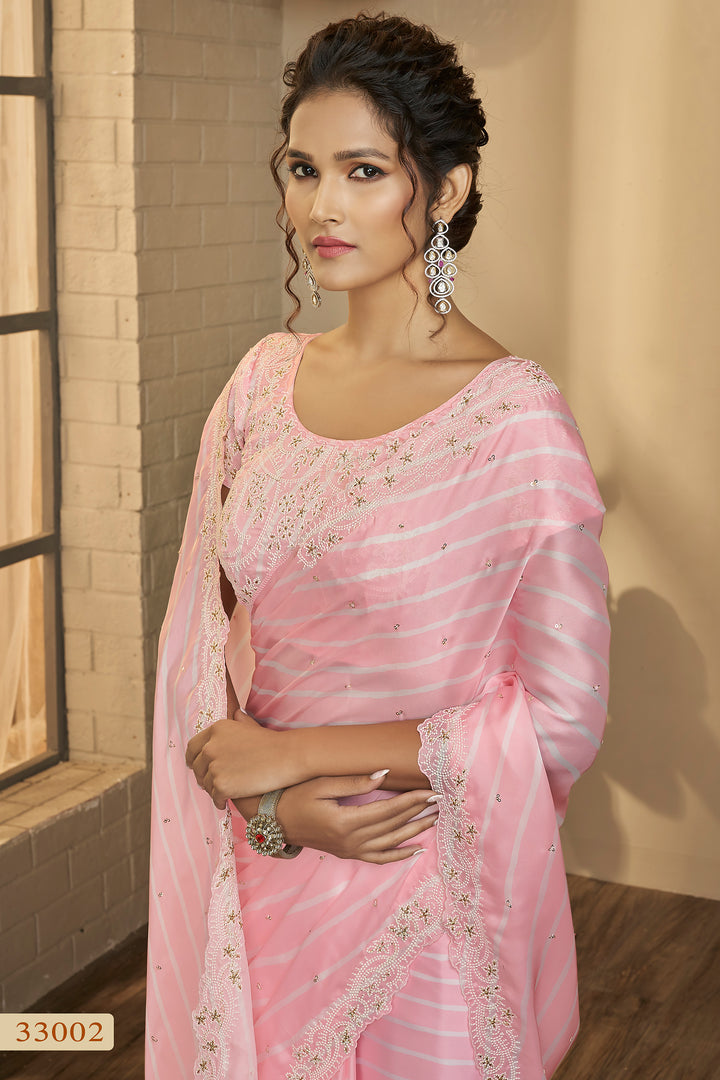 Baby Pink Indian Saree | Taby Silk Zari Embroidered Sari for Wedding