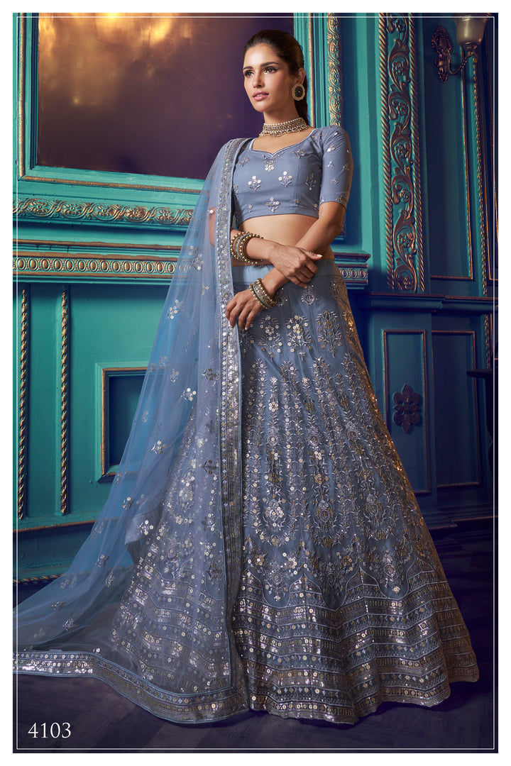 Gray Lehenga with Sequin Work | Elegant Soft Net Lehenga for Women