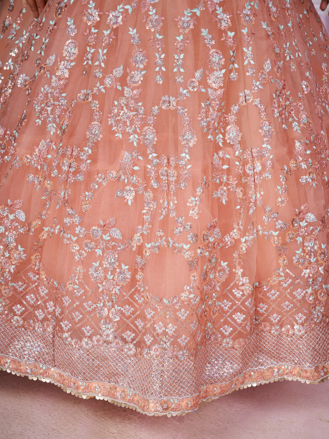 Stunning Peach Sequins Net Bridesmaid Lehenga Choli With Dupatta