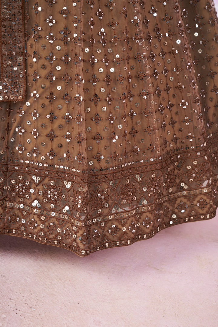 AlluringÃ‚Â Brown Sequins Net Bridesmaid Lehenga Choli With Dupatta