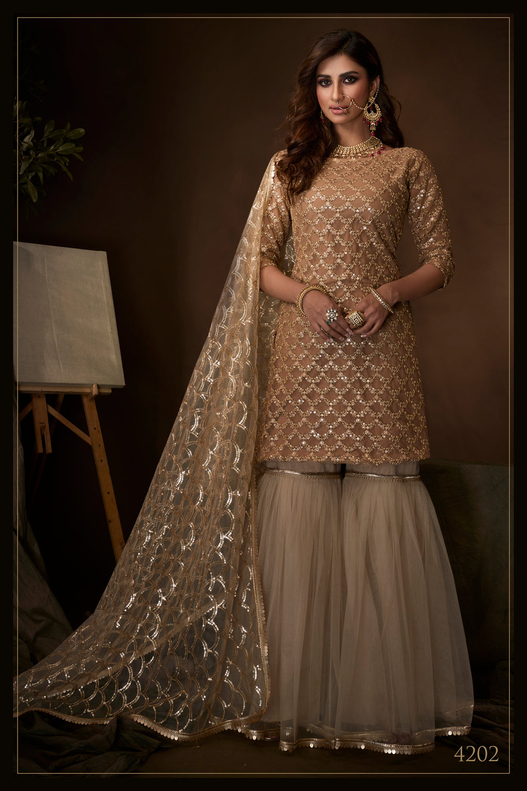 Elegant Beige Ethnic Wear | Sharara Gharara Set with Kurti