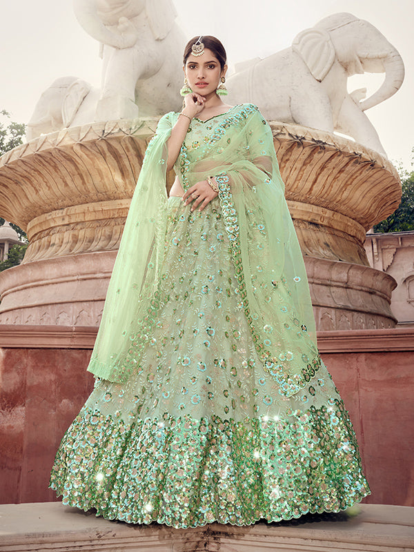 Pista Green Lehenga Choli Set | Sequins Soft Net Bridal Wear