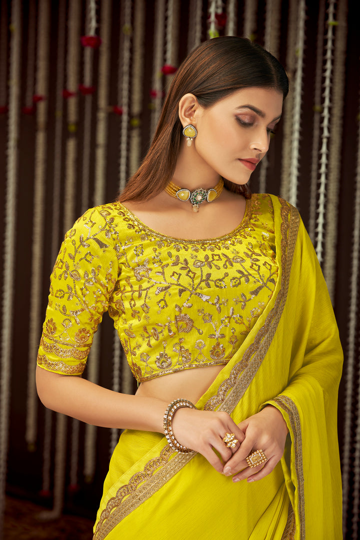 Yellow Indian Sari | Lightweight Festive Saree with Embroidered Blouse