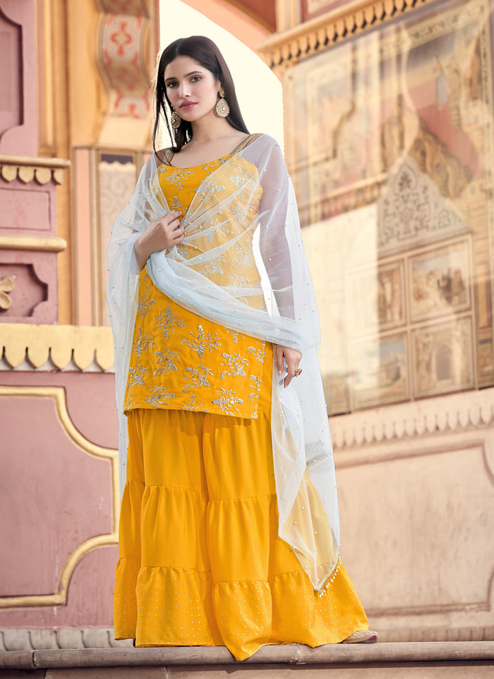 Mustard Yellow Semi Stitched Kurti | Sharara Set For Party Wear