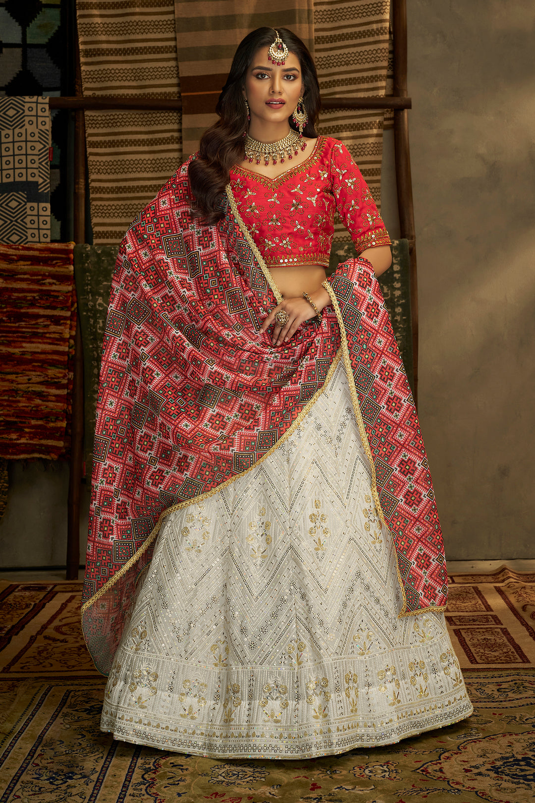 Indian Georgette Lehenga Choli | Elegant Red & White with Matching Dupatta