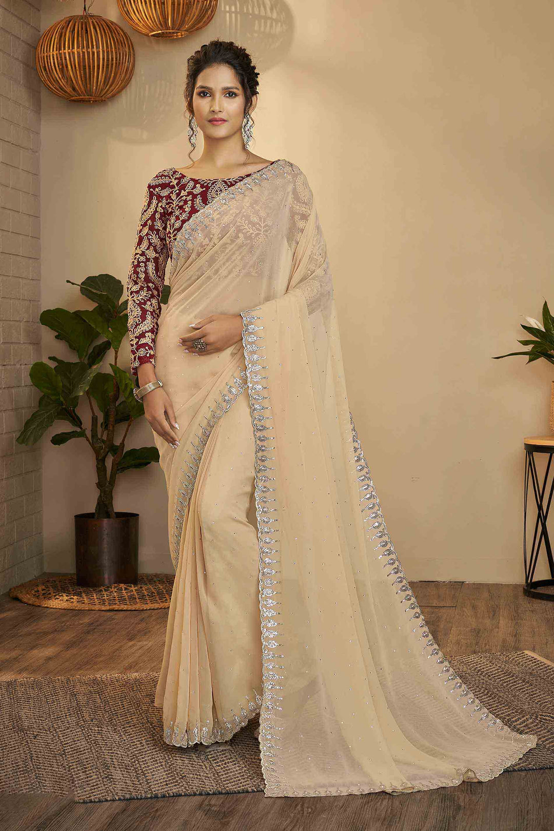 Beige Georgette Saree | Designer Blouse Unstitched Zari Sequins