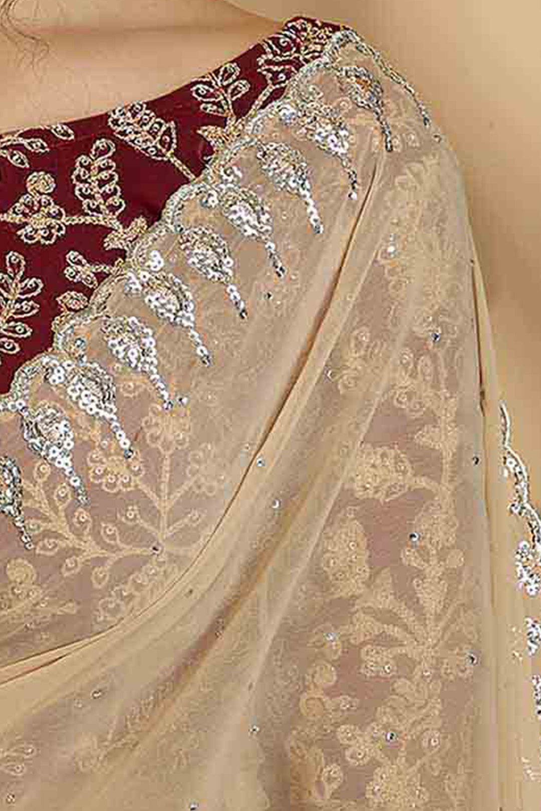 Beige Georgette Saree | Designer Blouse Unstitched Zari Sequins