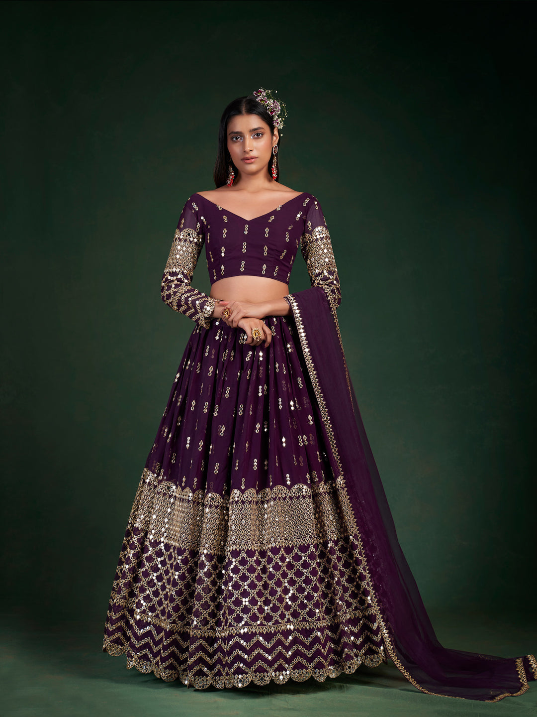 Wine Georgette Bridal Lehenga | Zari Gota Party Wear Set