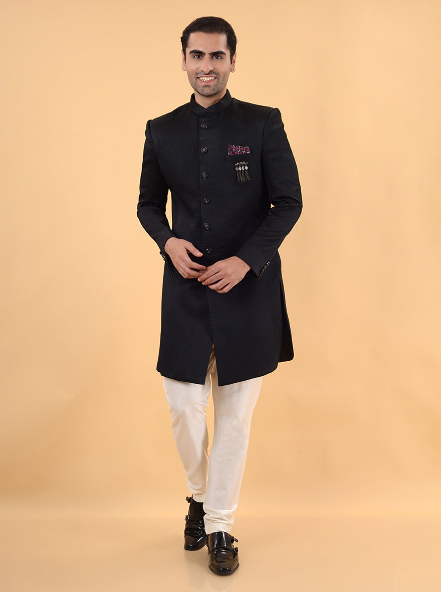 Stylish black jacquard Indo Western, ideal for sangeet and reception