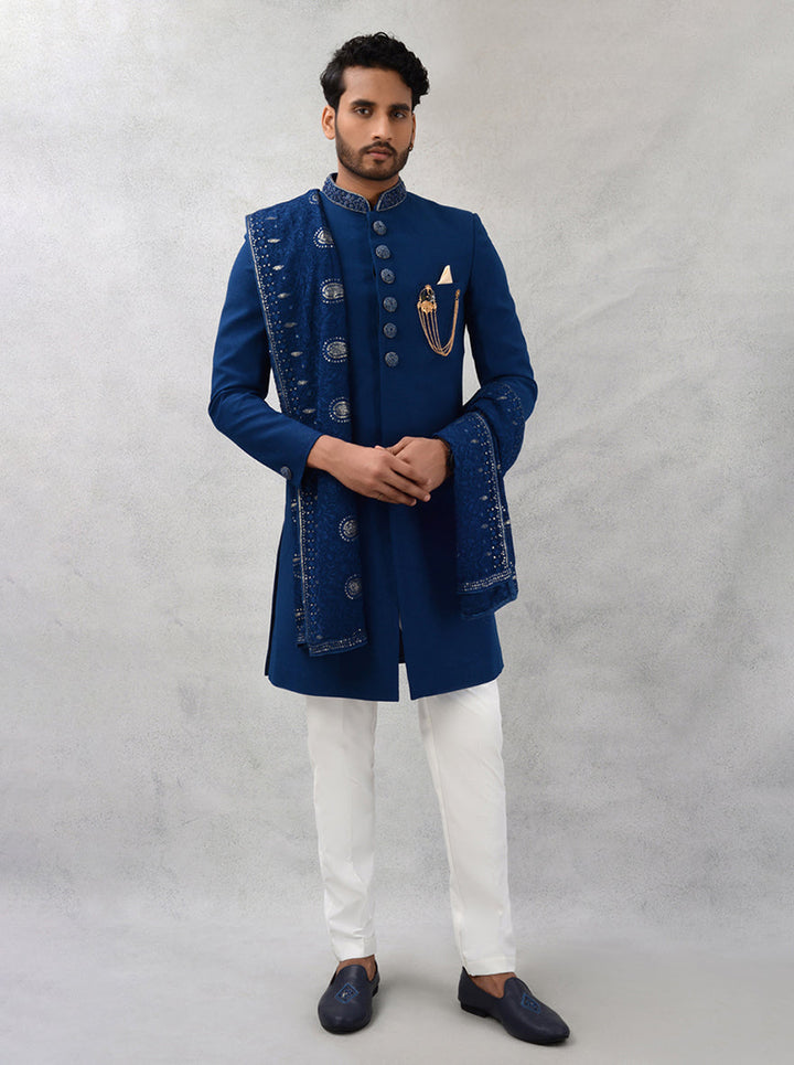 Embrace tradition with a twist in this Dark Blue Indo Western, ideal for upscale gatherings in the USA.