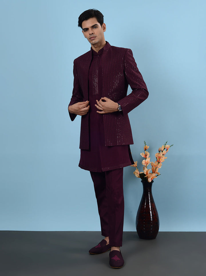 Wine SunSilk Indo Western kurta, embroidered design for men