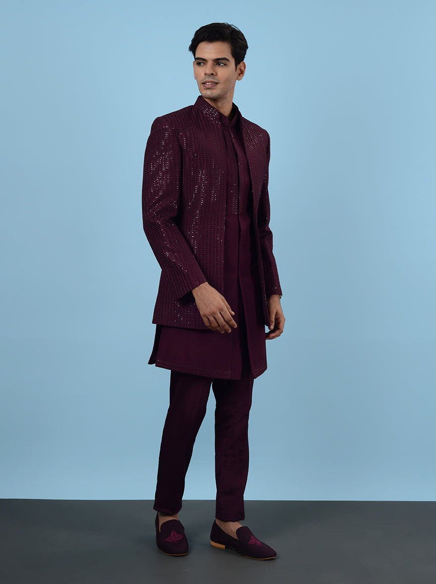 Regular fit embroidered Indo Western kurta in luxurious wine SunSilk